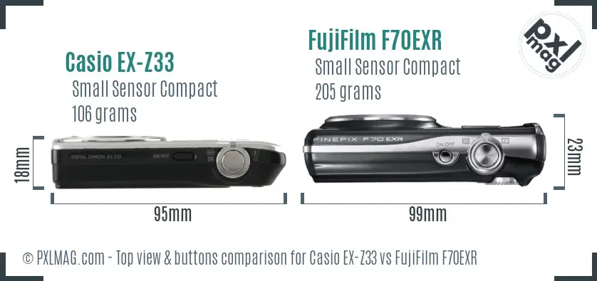 Casio EX-Z33 vs FujiFilm F70EXR top view buttons comparison