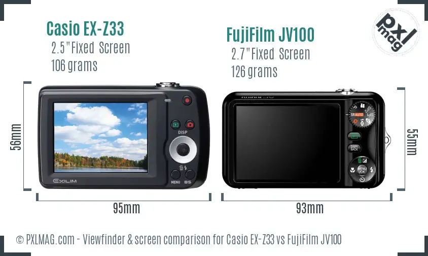 Casio EX-Z33 vs FujiFilm JV100 Screen and Viewfinder comparison