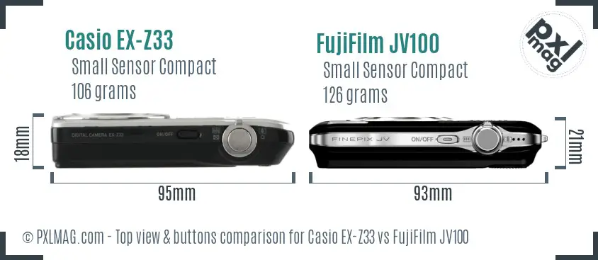 Casio EX-Z33 vs FujiFilm JV100 top view buttons comparison