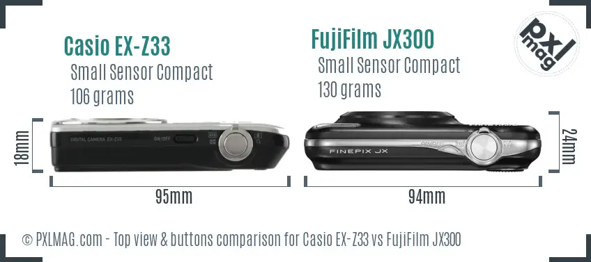 Casio EX-Z33 vs FujiFilm JX300 top view buttons comparison Casio EX-Z33 vs FujiFilm JX300 top view buttons comparison