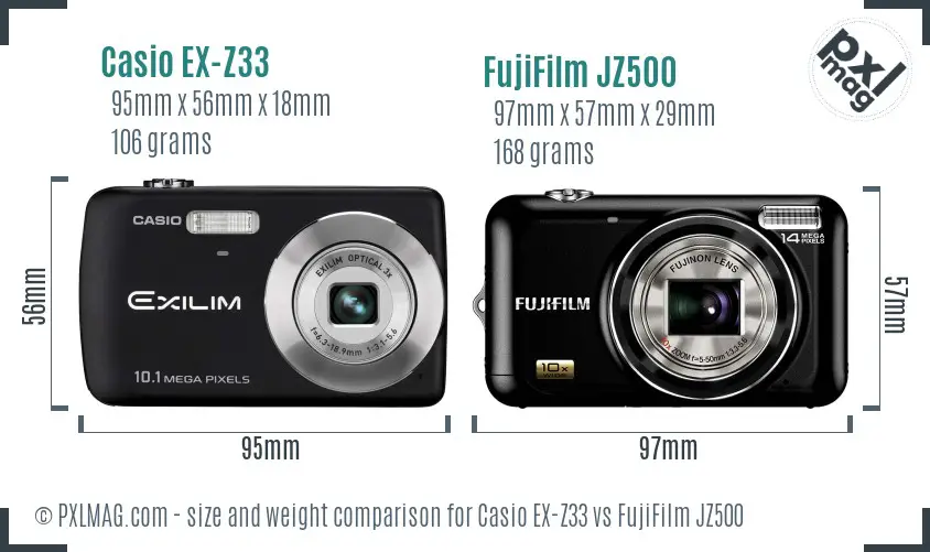 Casio EX-Z33 vs FujiFilm JZ500 size comparison Casio EX-Z33 vs FujiFilm JZ500 size comparison
