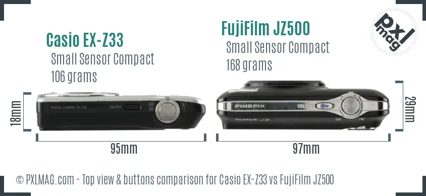 Casio EX-Z33 vs FujiFilm JZ500 top view buttons comparison Casio EX-Z33 vs FujiFilm JZ500 top view buttons comparison