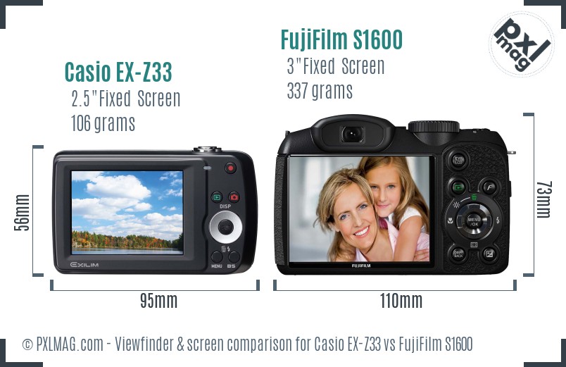 Casio EX-Z33 vs FujiFilm S1600 Screen and Viewfinder comparison