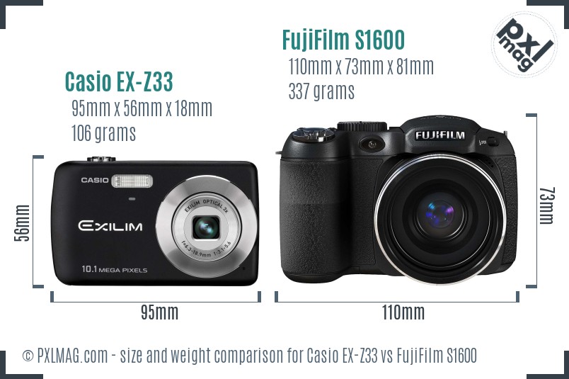 Casio EX-Z33 vs FujiFilm S1600 size comparison