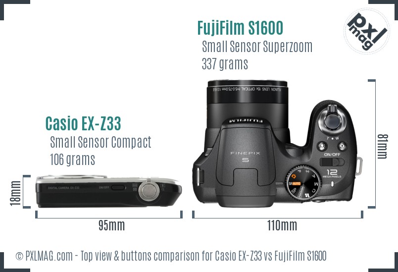 Casio EX-Z33 vs FujiFilm S1600 top view buttons comparison