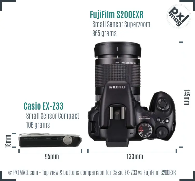 Casio EX-Z33 vs FujiFilm S200EXR top view buttons comparison