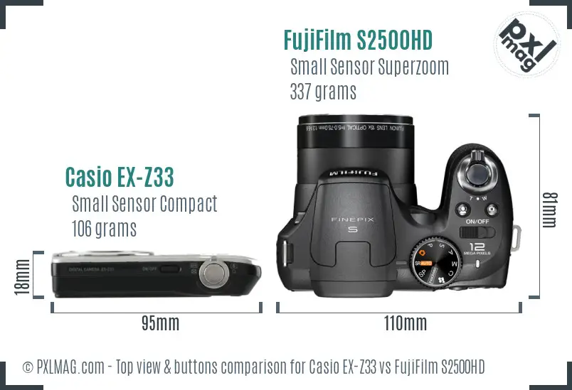 Casio EX-Z33 vs FujiFilm S2500HD top view buttons comparison Casio EX-Z33 vs FujiFilm S2500HD top view buttons comparison