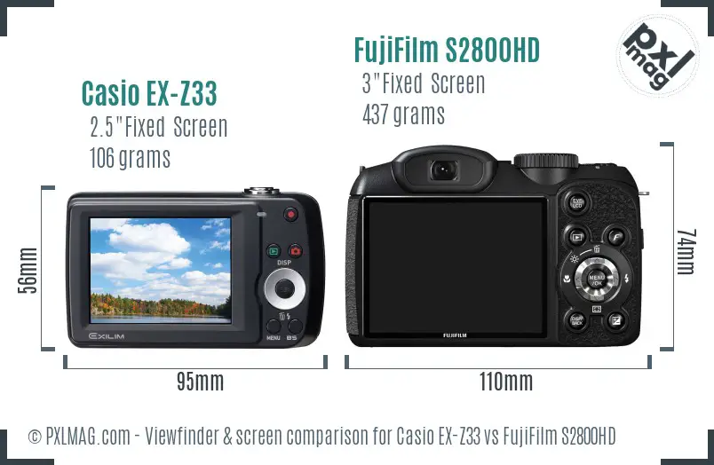 Casio EX-Z33 vs FujiFilm S2800HD Screen and Viewfinder comparison