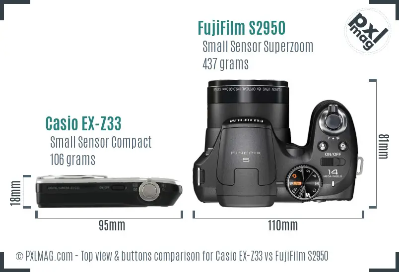 Casio EX-Z33 vs FujiFilm S2950 top view buttons comparison