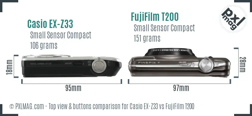 Casio EX-Z33 vs FujiFilm T200 top view buttons comparison
