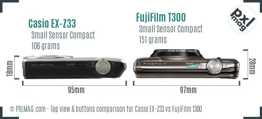 Casio EX-Z33 vs FujiFilm T300 top view buttons comparison Casio EX-Z33 vs FujiFilm T300 top view buttons comparison