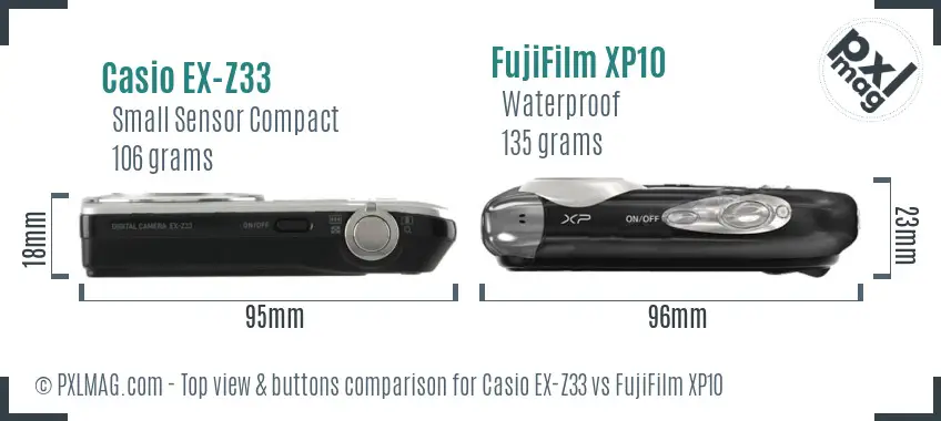 Casio EX-Z33 vs FujiFilm XP10 top view buttons comparison