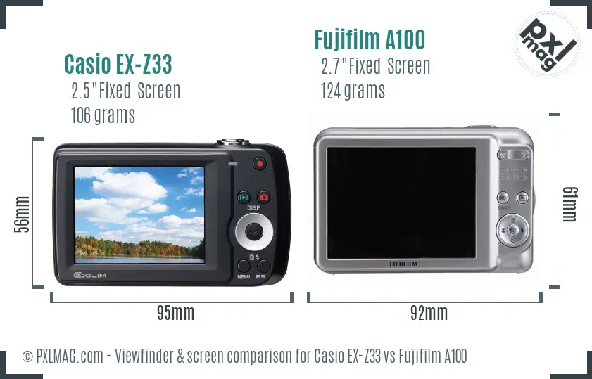 Casio EX-Z33 vs Fujifilm A100 Screen and Viewfinder comparison