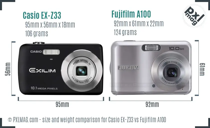 Casio EX-Z33 vs Fujifilm A100 size comparison