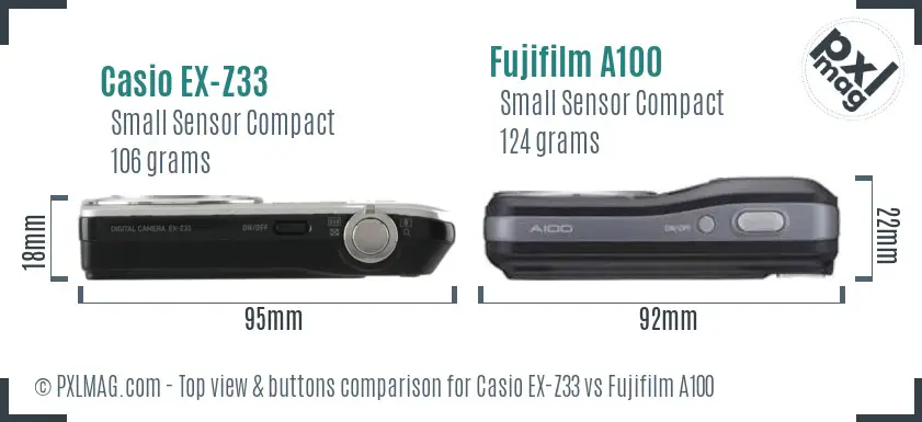 Casio EX-Z33 vs Fujifilm A100 top view buttons comparison