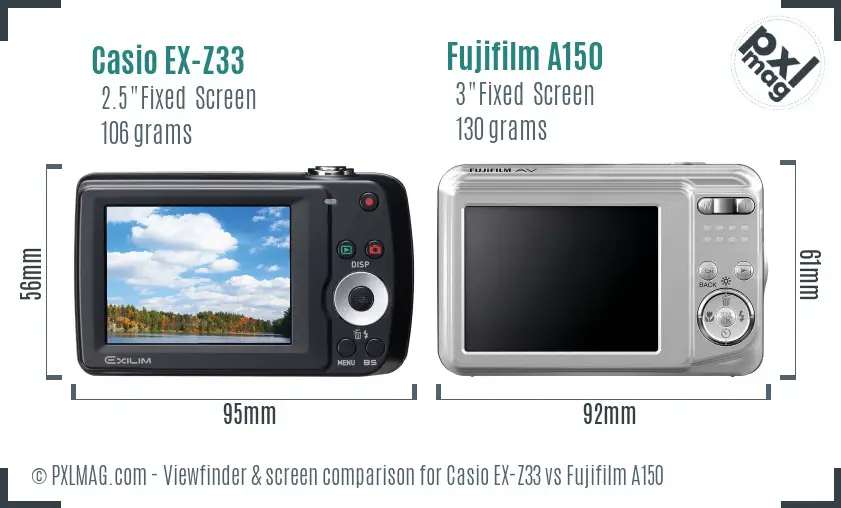 Casio EX-Z33 vs Fujifilm A150 Screen and Viewfinder comparison