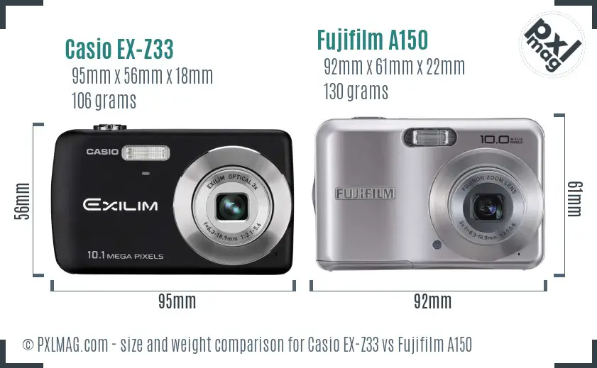 Casio EX-Z33 vs Fujifilm A150 size comparison