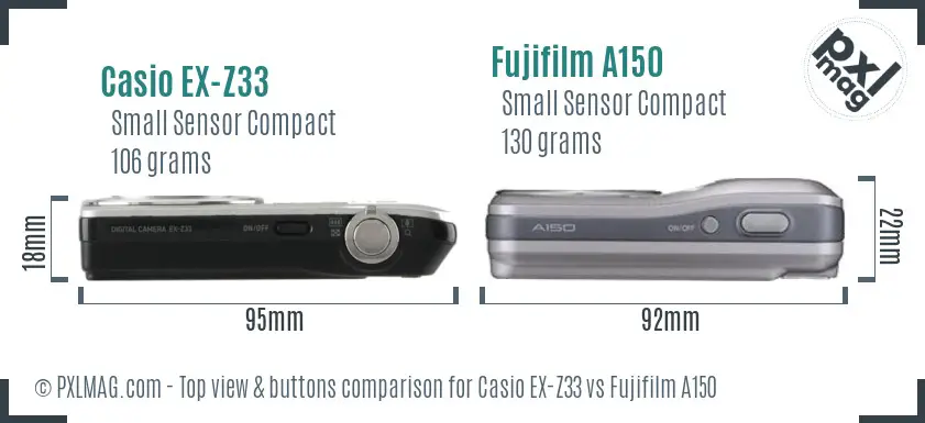 Casio EX-Z33 vs Fujifilm A150 top view buttons comparison