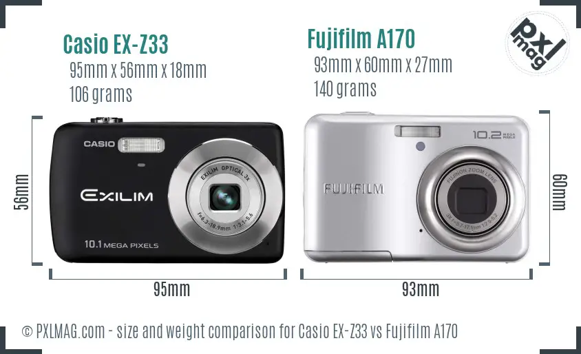 Casio EX-Z33 vs Fujifilm A170 size comparison