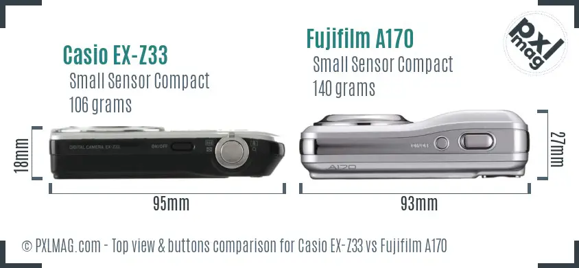 Casio EX-Z33 vs Fujifilm A170 top view buttons comparison