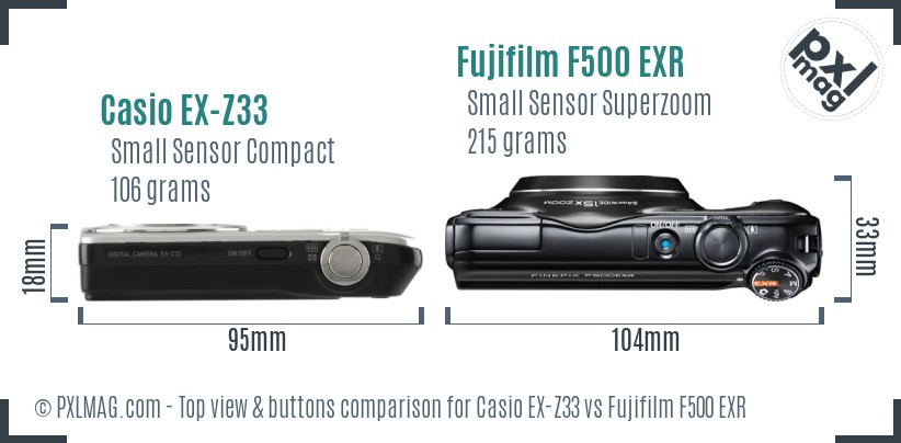 Casio EX-Z33 vs Fujifilm F500 EXR top view buttons comparison