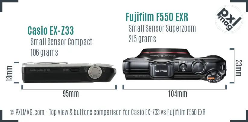 Casio EX-Z33 vs Fujifilm F550 EXR top view buttons comparison