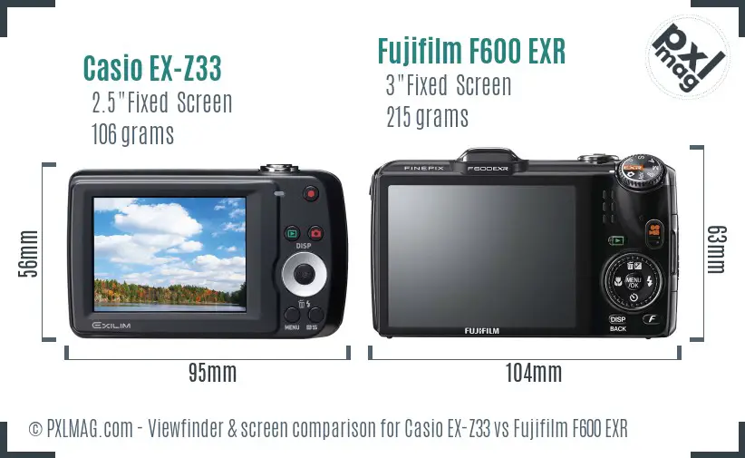 Casio EX-Z33 vs Fujifilm F600 EXR Screen and Viewfinder comparison