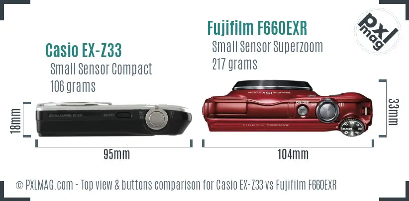 Casio EX-Z33 vs Fujifilm F660EXR top view buttons comparison