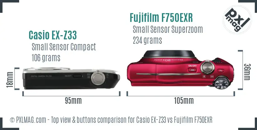 Casio EX-Z33 vs Fujifilm F750EXR top view buttons comparison