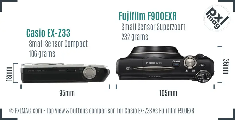 Casio EX-Z33 vs Fujifilm F900EXR top view buttons comparison