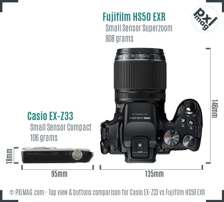 Casio EX-Z33 vs Fujifilm HS50 EXR top view buttons comparison Casio EX-Z33 vs Fujifilm HS50 EXR top view buttons comparison