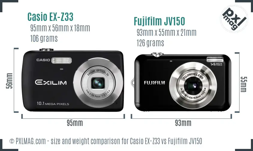 Casio EX-Z33 vs Fujifilm JV150 size comparison