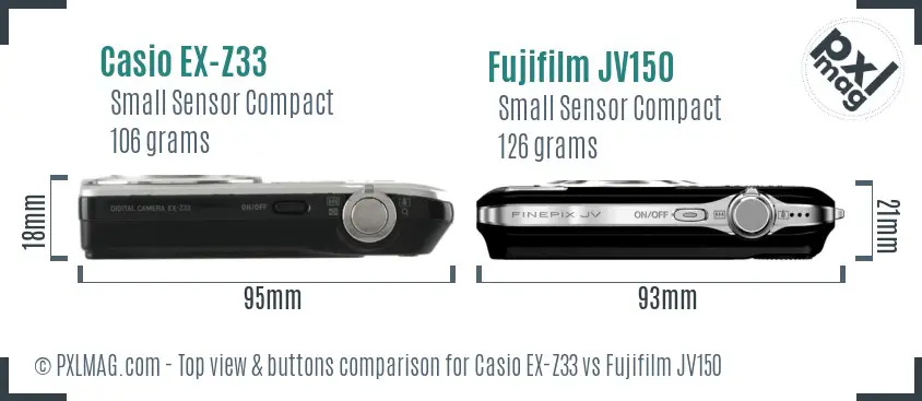 Casio EX-Z33 vs Fujifilm JV150 top view buttons comparison