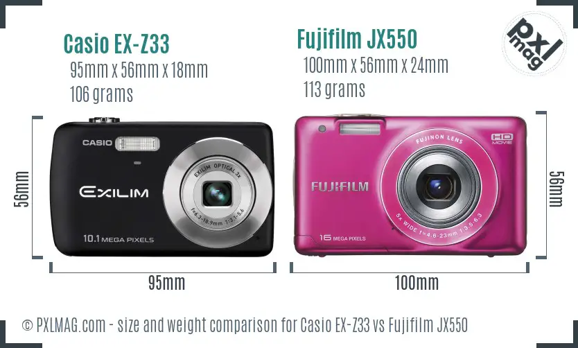 Casio EX-Z33 vs Fujifilm JX550 size comparison Casio EX-Z33 vs Fujifilm JX550 size comparison