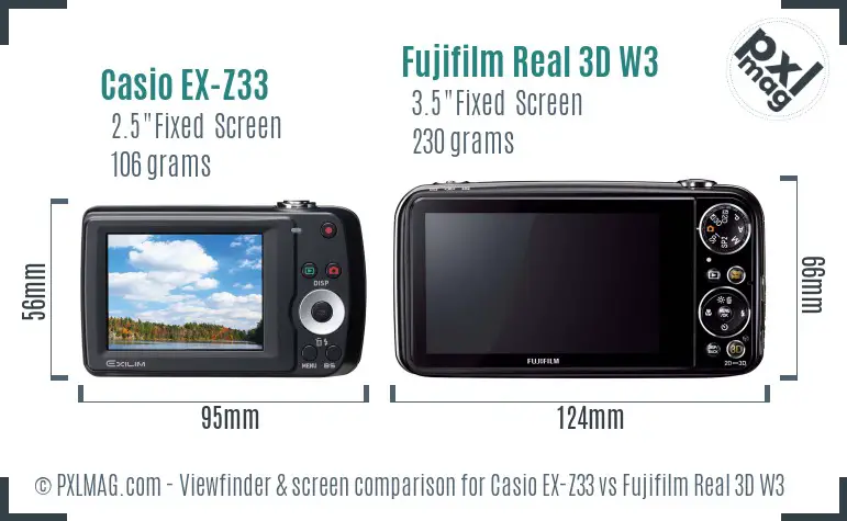 Casio EX-Z33 vs Fujifilm Real 3D W3 Screen and Viewfinder comparison