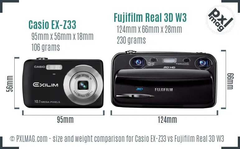 Casio EX-Z33 vs Fujifilm Real 3D W3 size comparison