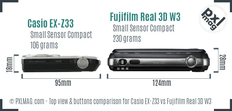 Casio EX-Z33 vs Fujifilm Real 3D W3 top view buttons comparison