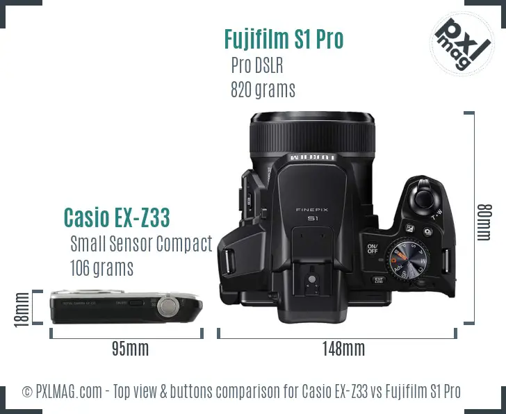 Casio EX-Z33 vs Fujifilm S1 Pro top view buttons comparison