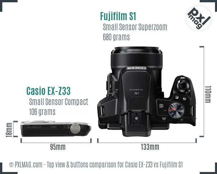 Casio EX-Z33 vs Fujifilm S1 top view buttons comparison Casio EX-Z33 vs Fujifilm S1 top view buttons comparison