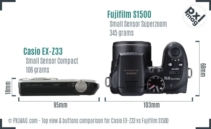 Casio EX-Z33 vs Fujifilm S1500 top view buttons comparison