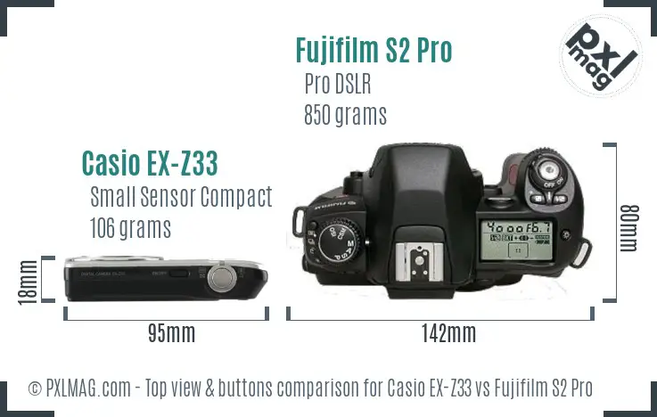 Casio EX-Z33 vs Fujifilm S2 Pro top view buttons comparison Casio EX-Z33 vs Fujifilm S2 Pro top view buttons comparison