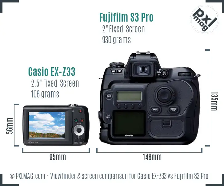 Casio EX-Z33 vs Fujifilm S3 Pro Screen and Viewfinder comparison