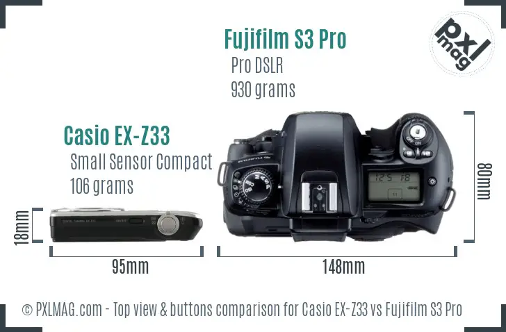 Casio EX-Z33 vs Fujifilm S3 Pro top view buttons comparison