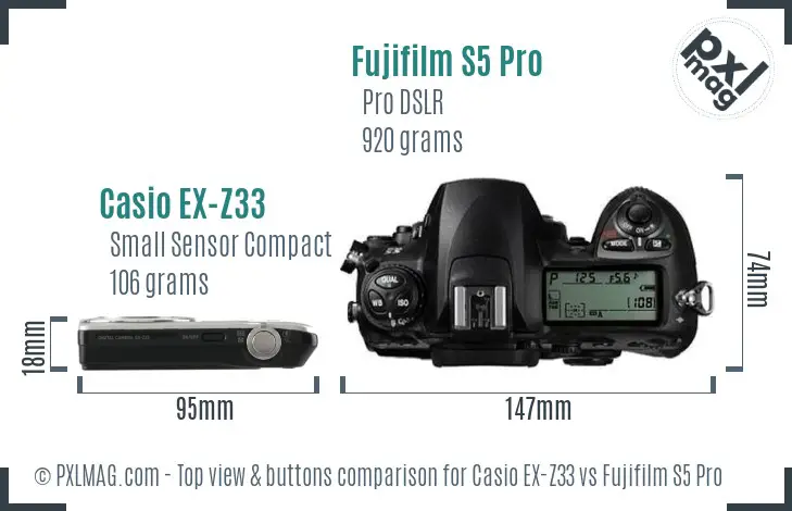 Casio EX-Z33 vs Fujifilm S5 Pro top view buttons comparison Casio EX-Z33 vs Fujifilm S5 Pro top view buttons comparison
