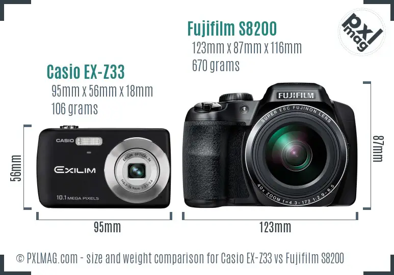 Casio EX-Z33 vs Fujifilm S8200 size comparison Casio EX-Z33 vs Fujifilm S8200 size comparison