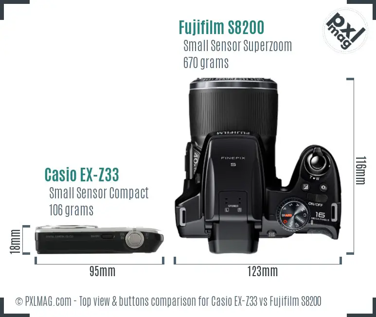 Casio EX-Z33 vs Fujifilm S8200 top view buttons comparison Casio EX-Z33 vs Fujifilm S8200 top view buttons comparison
