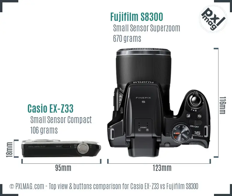 Casio EX-Z33 vs Fujifilm S8300 top view buttons comparison Casio EX-Z33 vs Fujifilm S8300 top view buttons comparison