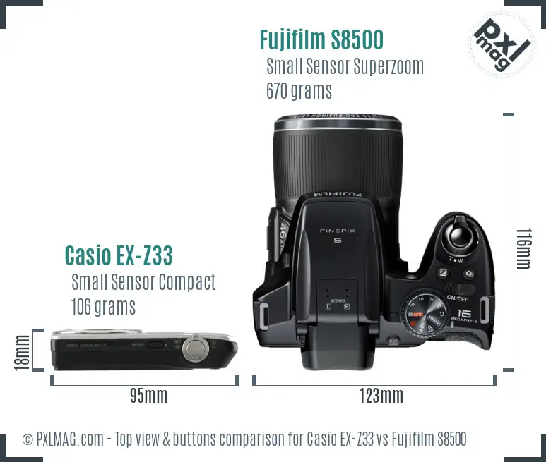 Casio EX-Z33 vs Fujifilm S8500 top view buttons comparison Casio EX-Z33 vs Fujifilm S8500 top view buttons comparison
