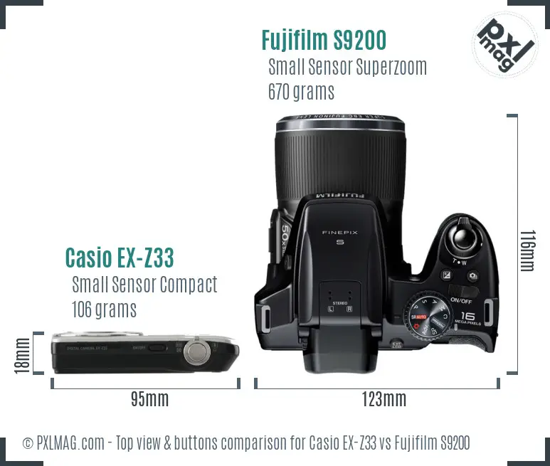 Casio EX-Z33 vs Fujifilm S9200 top view buttons comparison