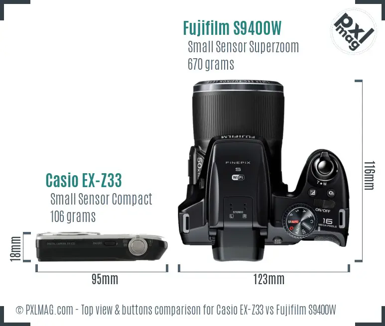 Casio EX-Z33 vs Fujifilm S9400W top view buttons comparison